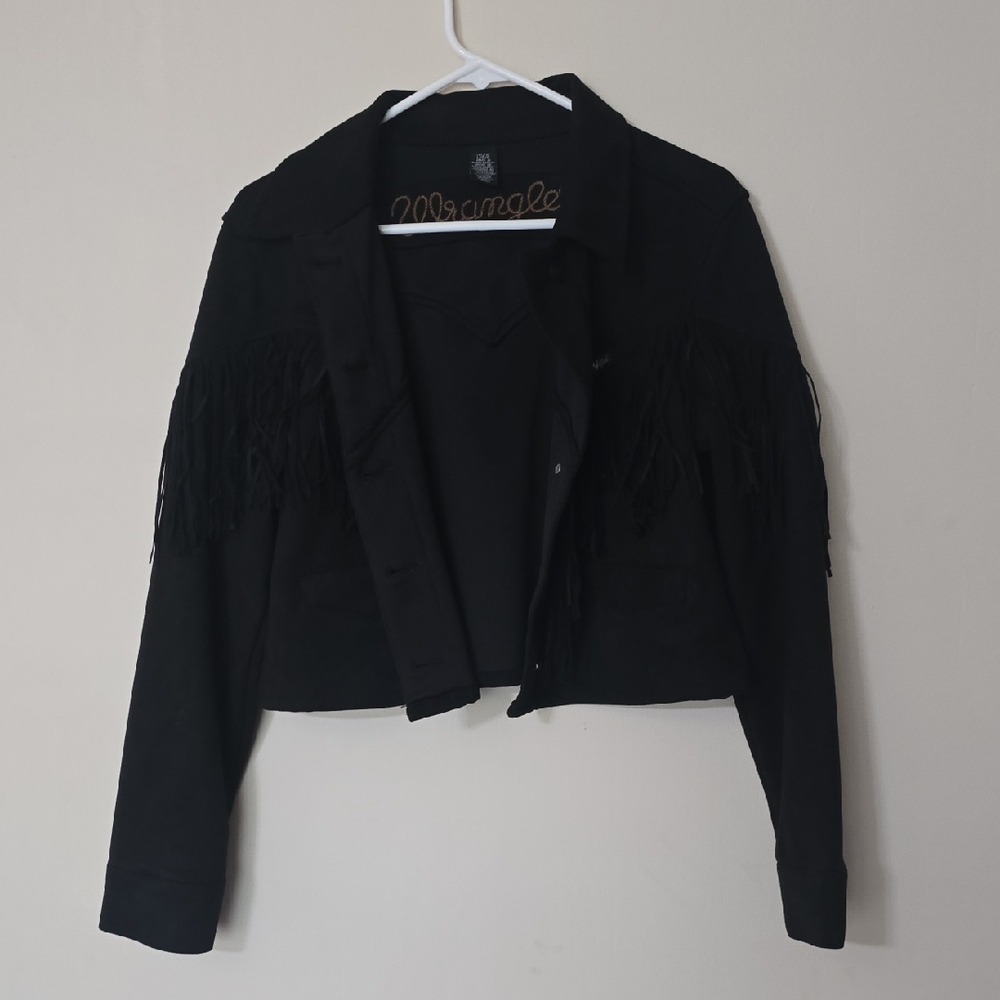 Wrangler Black Cropped Fringe Leather Jacket
